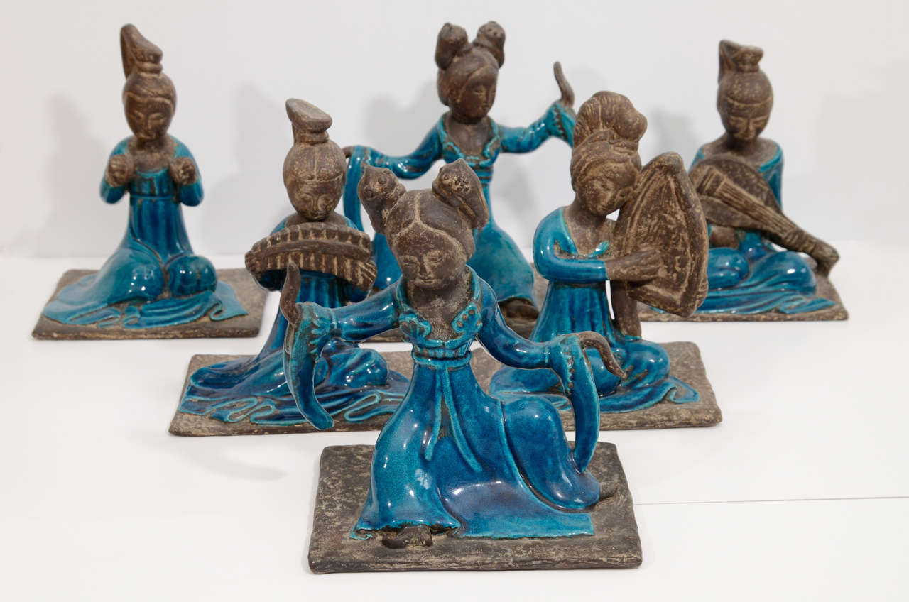 Store closing-- last day is 7/31. Offers welcome! Rare set of six seated female court musicians by Zaccagnini, inspired by the ancient Chinese earthenware figures created for tombs during the Tang dynasty. Fully signed.