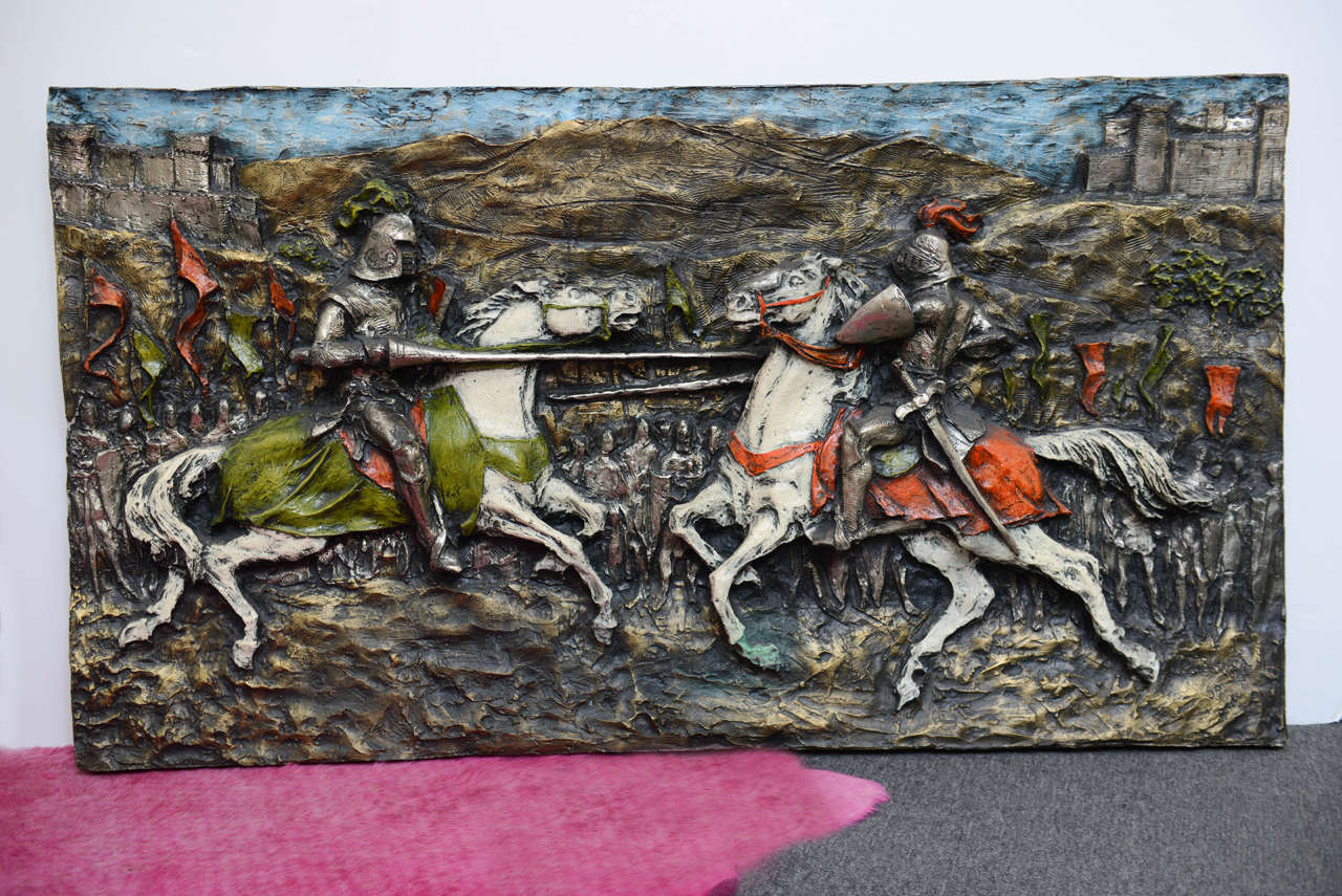 Vintage Fiberglass 3D relief showing 2 armored knight on horseback in a battle in front of a castle.  1960s. Signed by J. Segura. 8