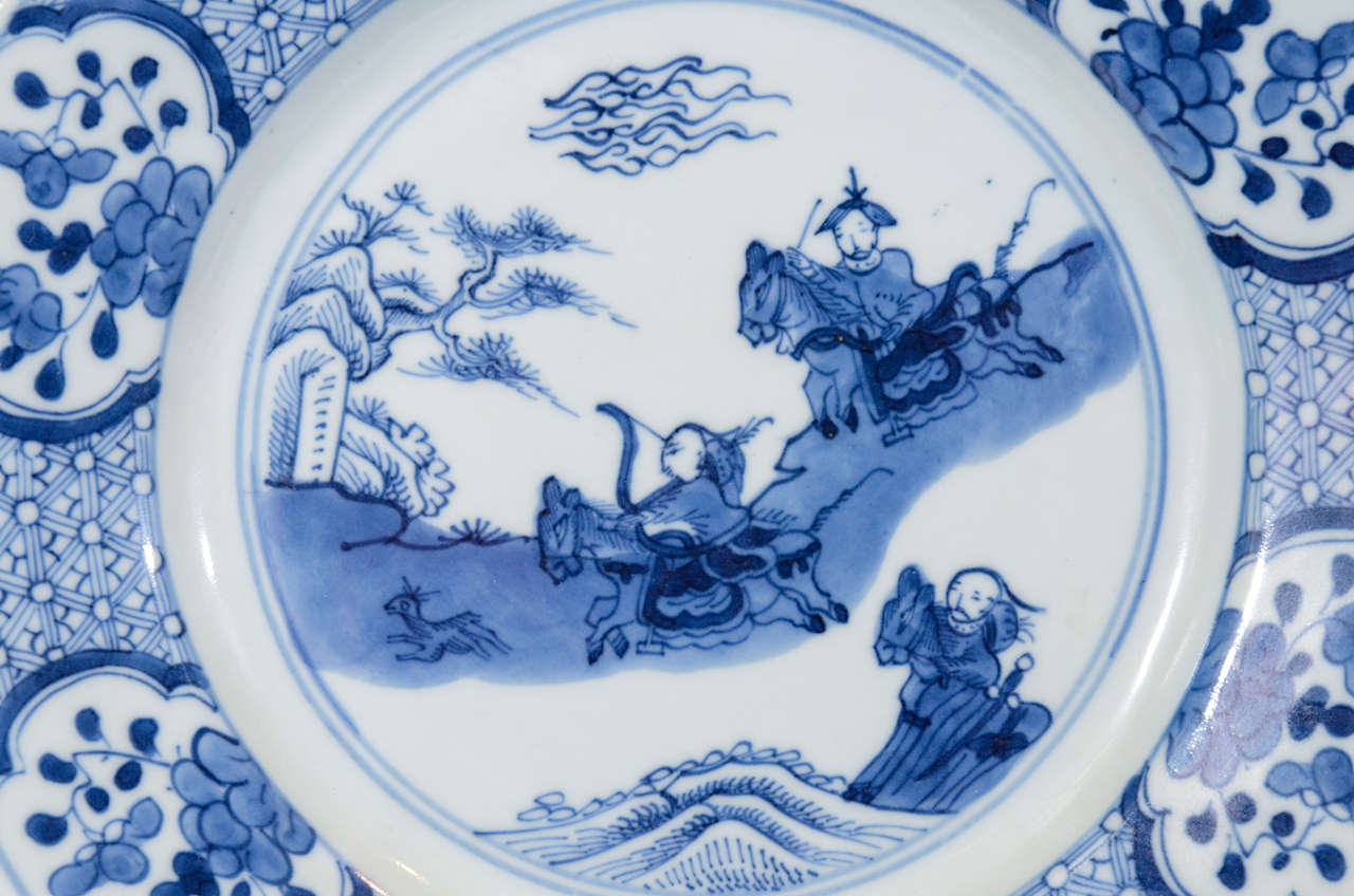 Chinese Export  Pair Blue and White ChinesePorcelain Dishes with Hunt Scenes
