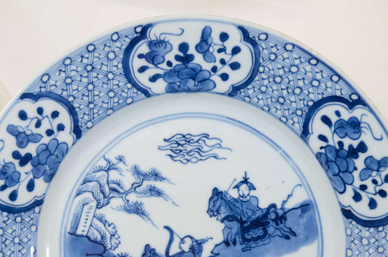  Pair Blue and White ChinesePorcelain Dishes with Hunt Scenes In Excellent Condition In Katonah, NY