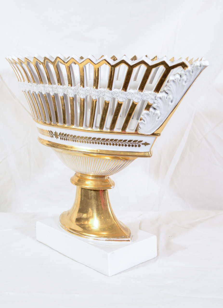 19th Century A Large White and Gold Dagoty Pierced Basket