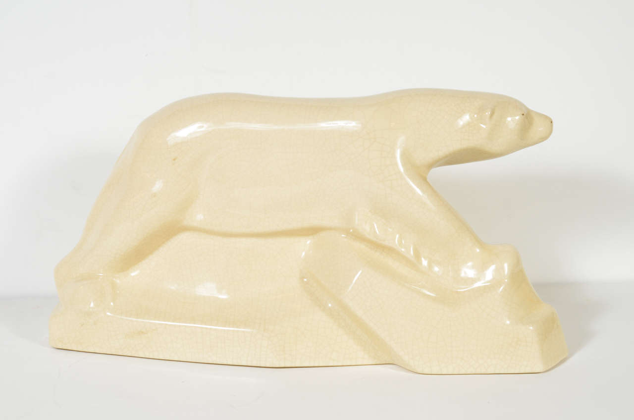 Cream Art Deco Crackle Glaze Ceramic Polar Bear  In Excellent Condition In New York, NY