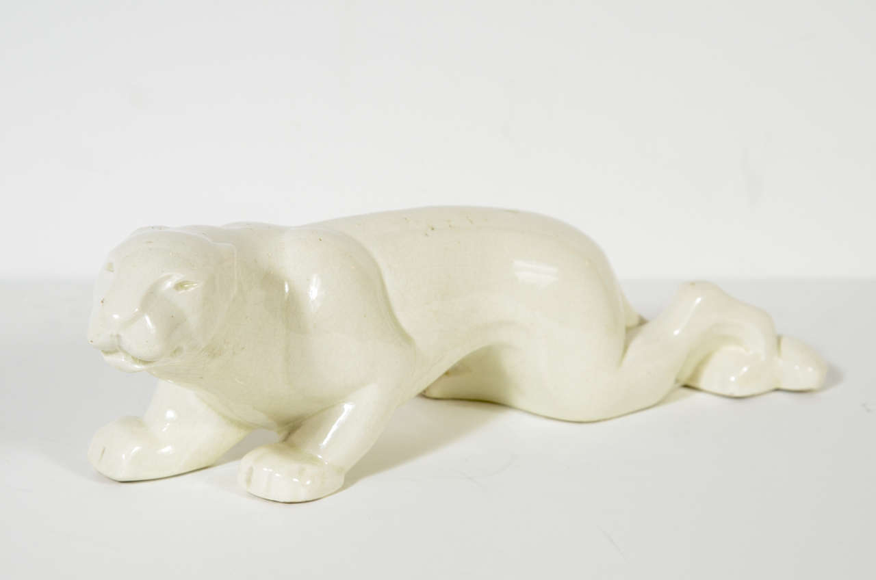 Panthère en céramique émaillée Art Deco Creme Crackle Glaze