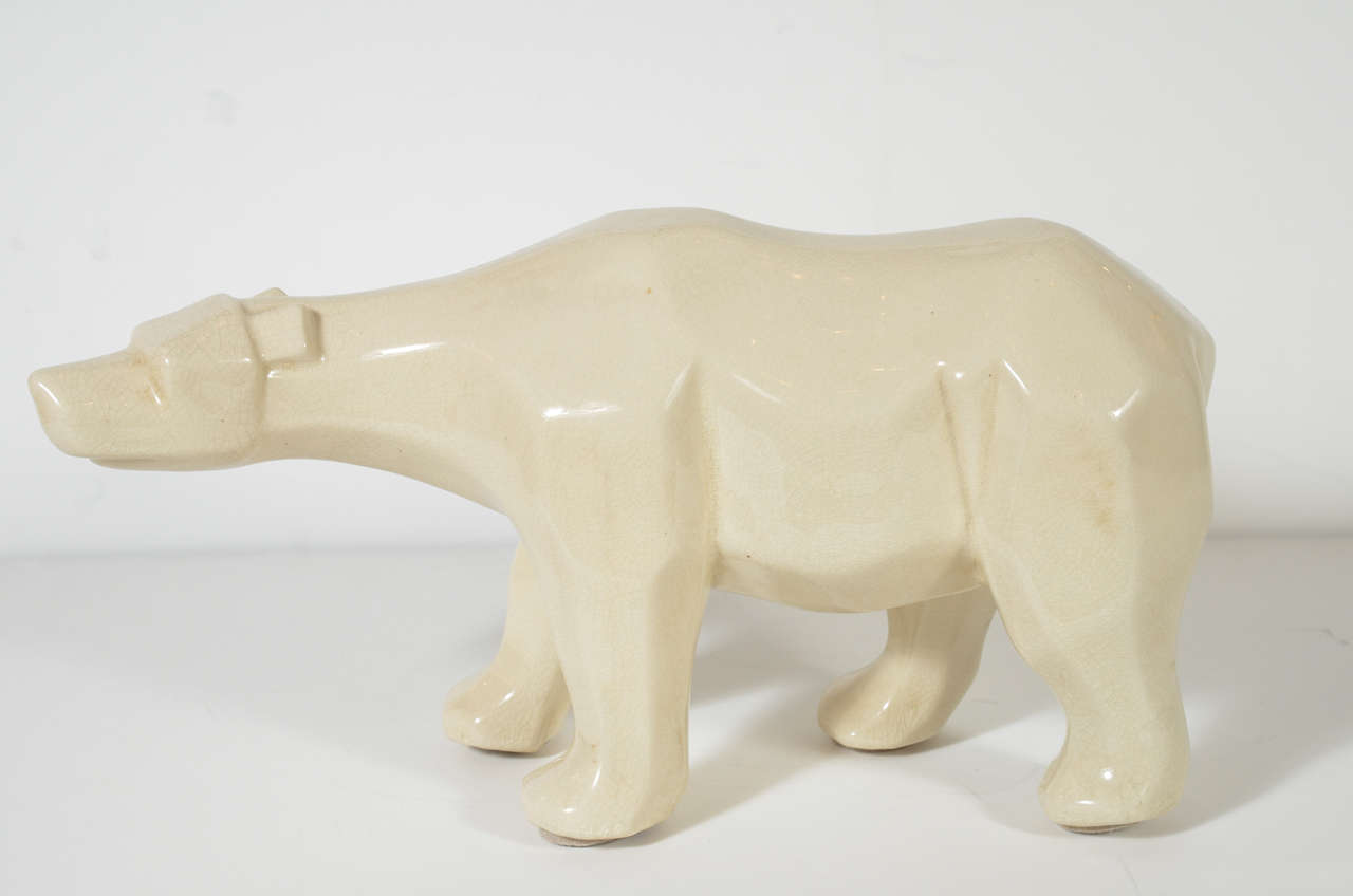 Ours polaire en céramique émaillée craquelée Art Déco Cubiste