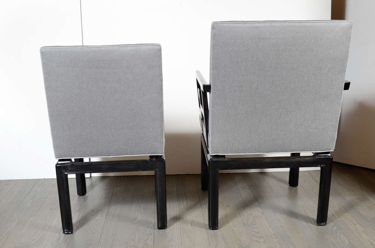 Fabric Pair of Mid Century Modern Baker Occasional Chairs in Black Lacquer For Sale