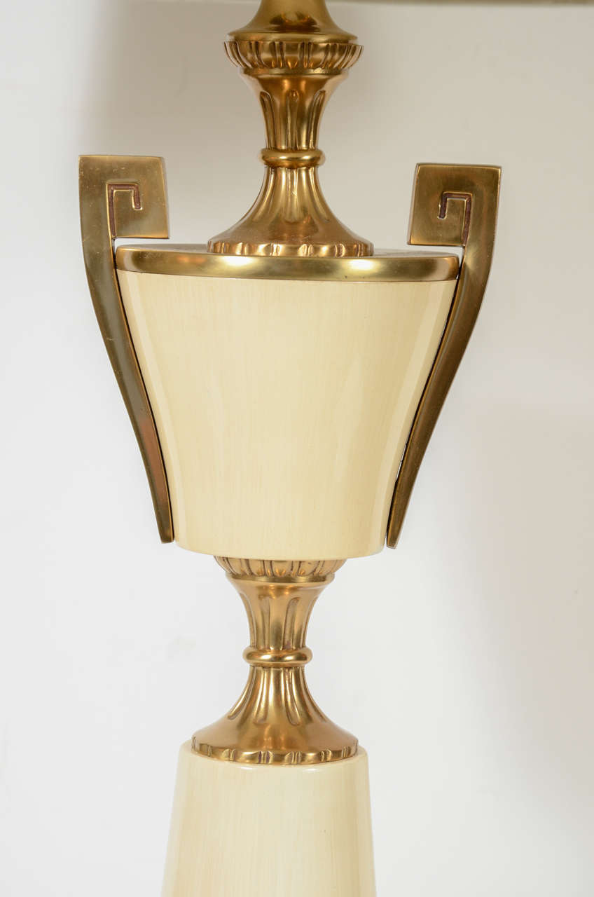 Mid-Century Modern Pair of Mid Century Modern Greek Key Urn Lamps in Enamel & Brushed Brass