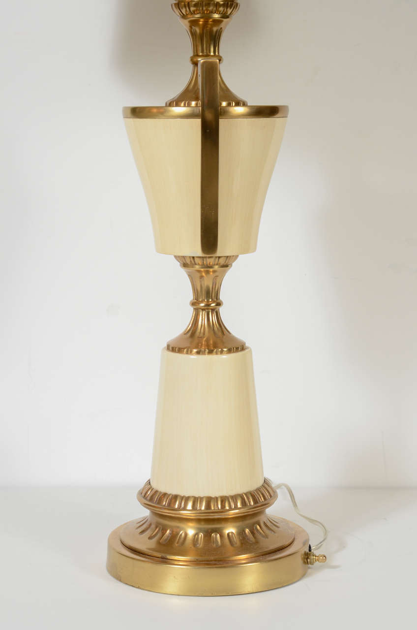 American Pair of Mid Century Modern Greek Key Urn Lamps in Enamel & Brushed Brass