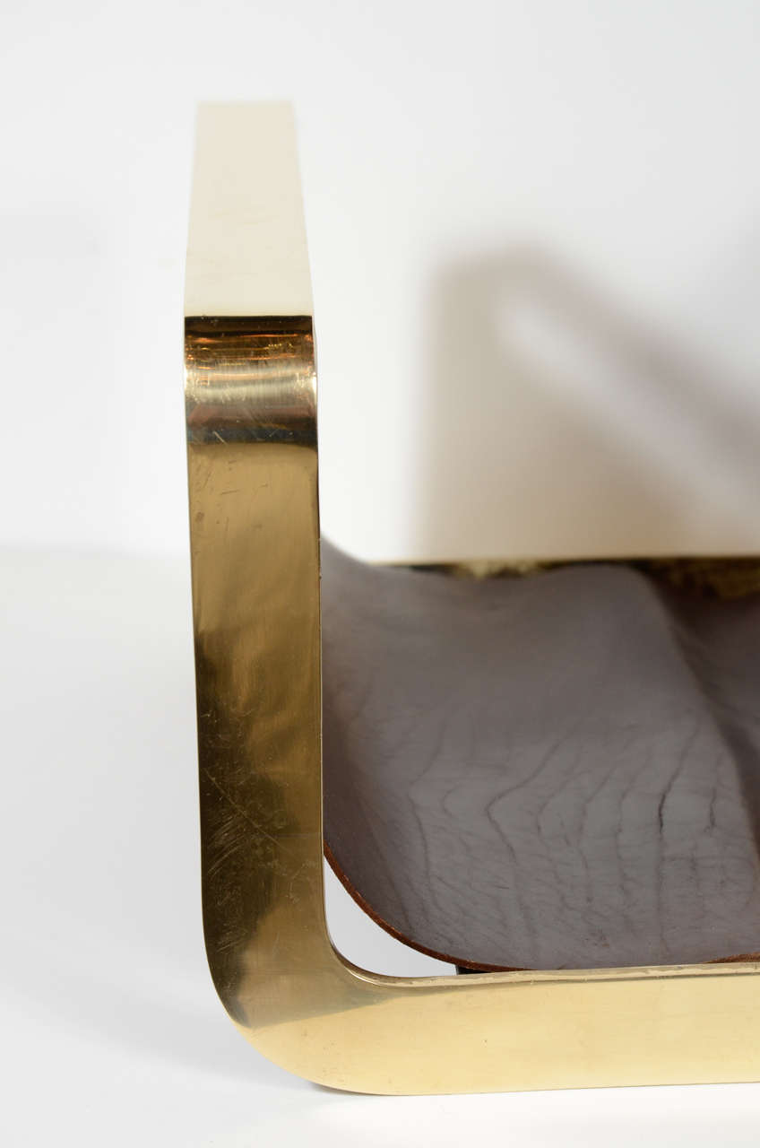 Handsome Modernist Brass and Leather Log Holder at 1stDibs