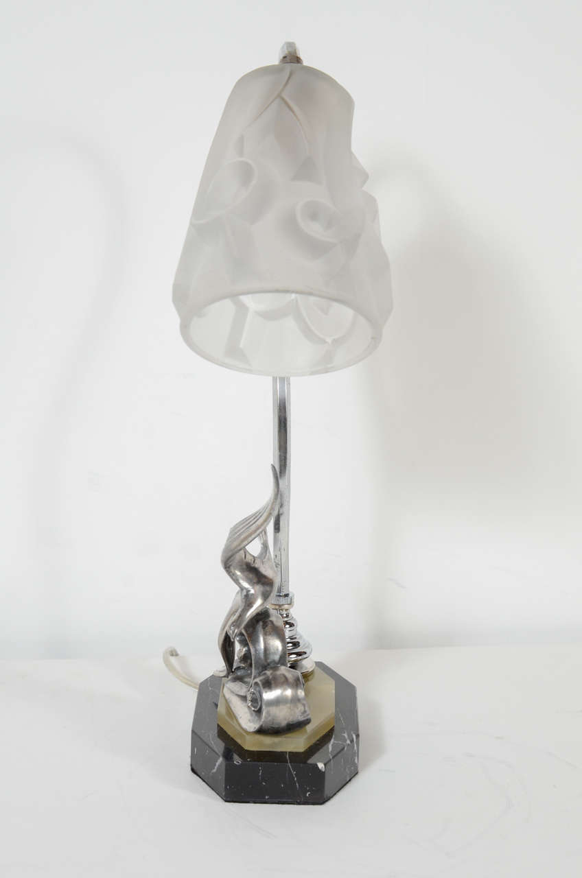 Art Deco Table Lamp by Degue with Frosted Glass Shade at 1stDibs