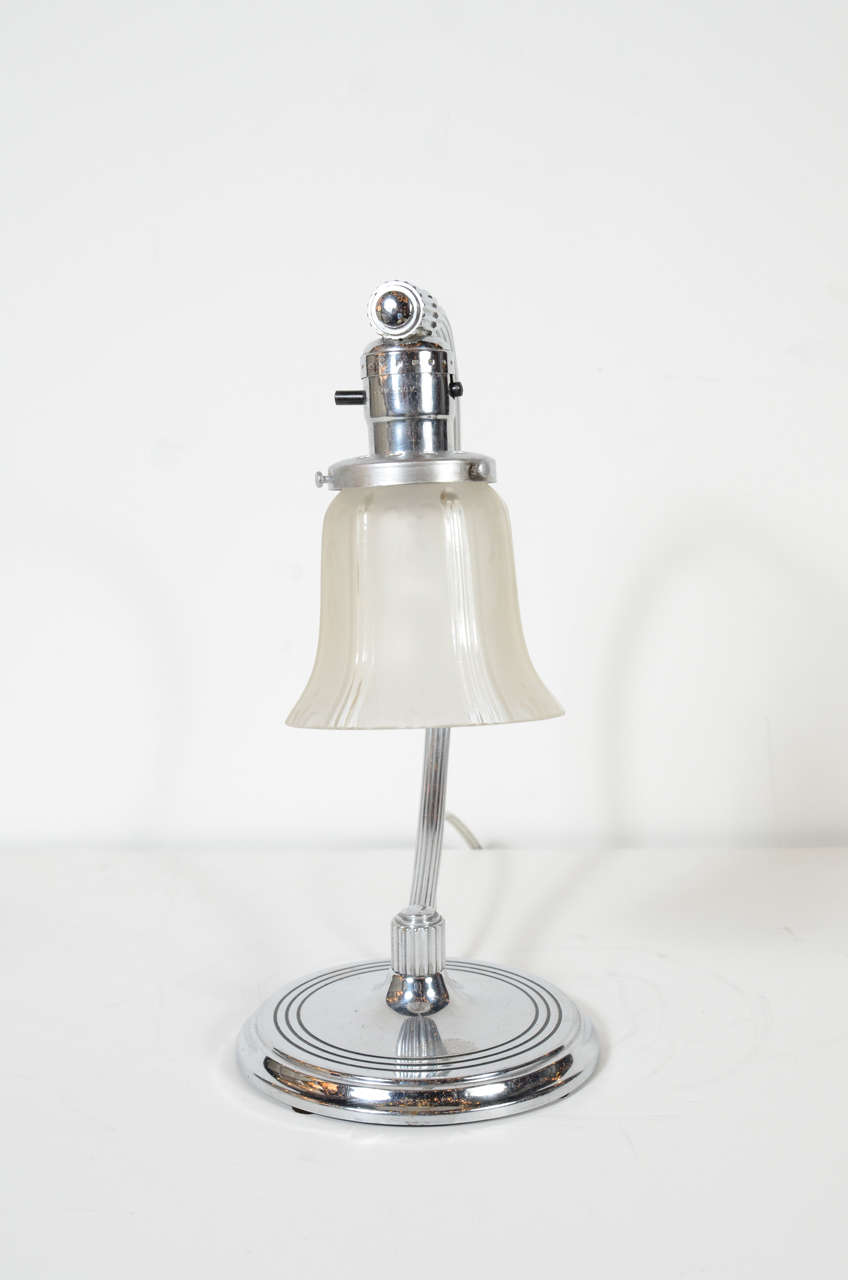 Art Deco Machine Age Frosted Glass and Chrome Table Lamp For Sale at