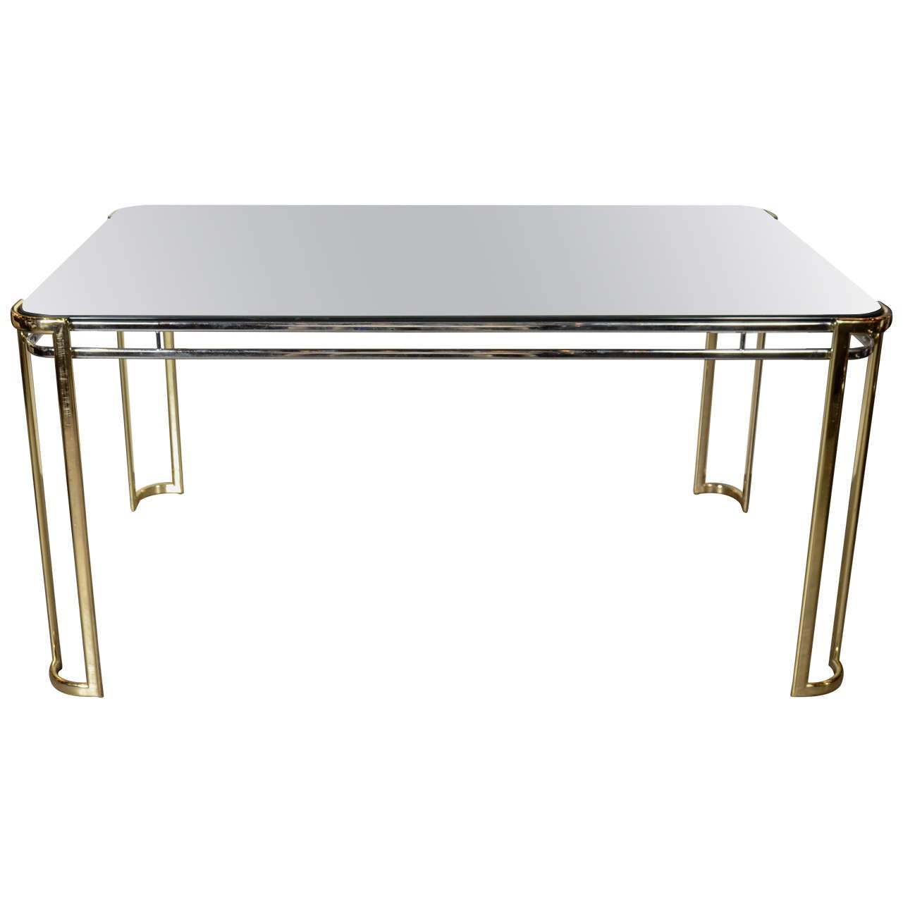 Modernist MidCentury Polished Brass and Chrome Mirrored Dining Table