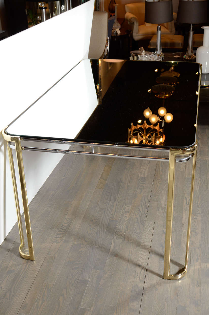 Modernist MidCentury Polished Brass and Chrome Mirrored Dining Table
