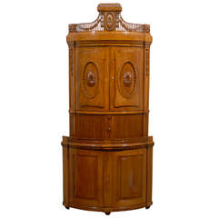 Russian Empire Oak 19th Century Convex Corner Cabinet with Carved Pediment
