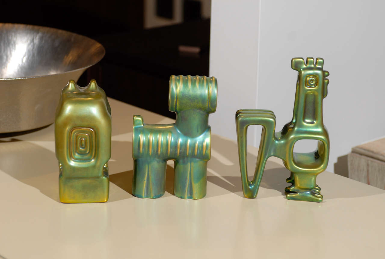 Ceramic Zsolnay Figures with Green Eosin Glaze