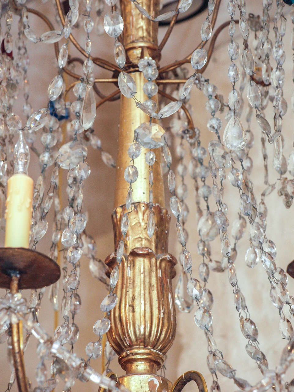 Italian Pair of 18th c. Genovese Gilt Wood, Iron and Crystal Chandeliers 