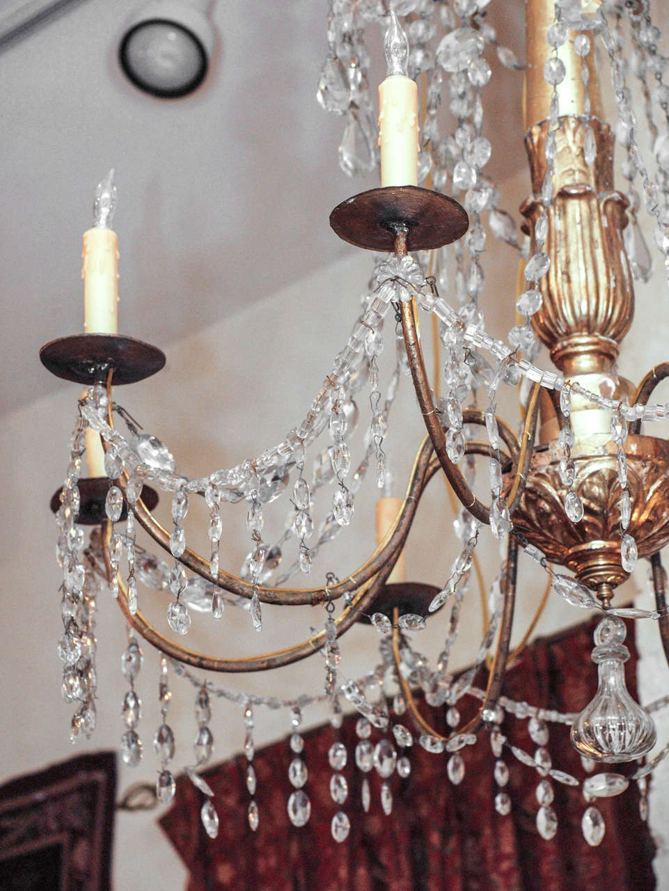 Pair of 18th c. Genovese Gilt Wood, Iron and Crystal Chandeliers  1