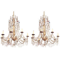Pair of 18th c. Genovese Gilt Wood, Iron and Crystal Chandeliers 