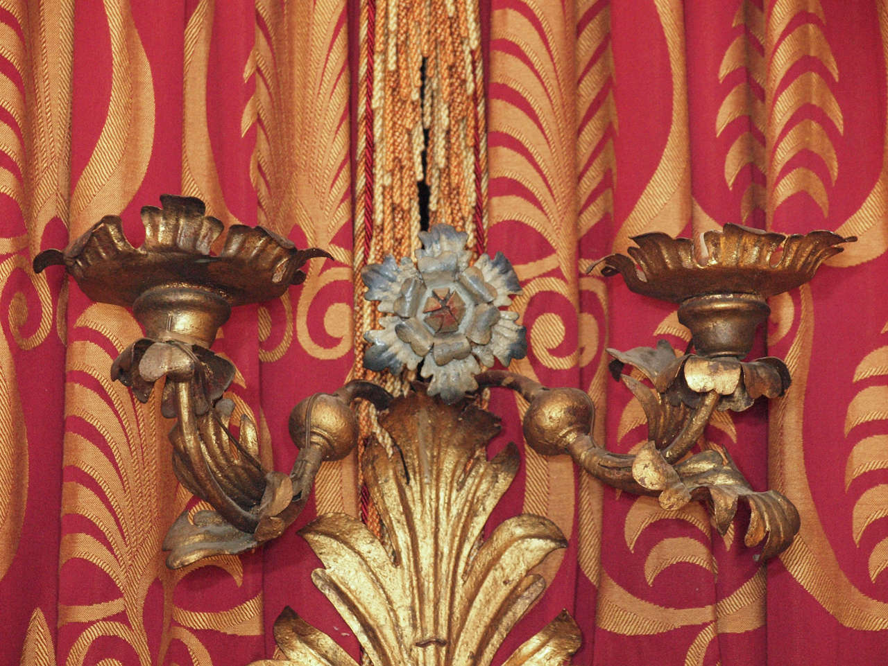 Baroque Monumental Pair of 18th c.Gilt and painted Iron Piedmontese Wall Sconces For Sale