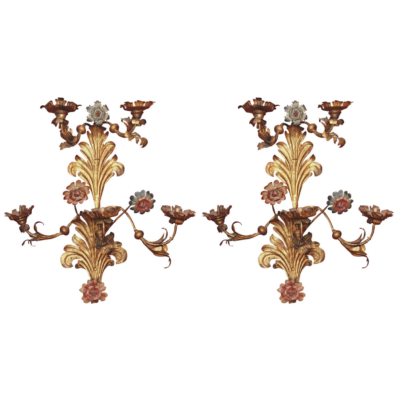 Monumental Pair of 18th c.Gilt and painted Iron Piedmontese Wall Sconces For Sale