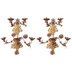 Monumental Pair of 18th c.Gilt and painted Iron Piedmontese Wall Sconces