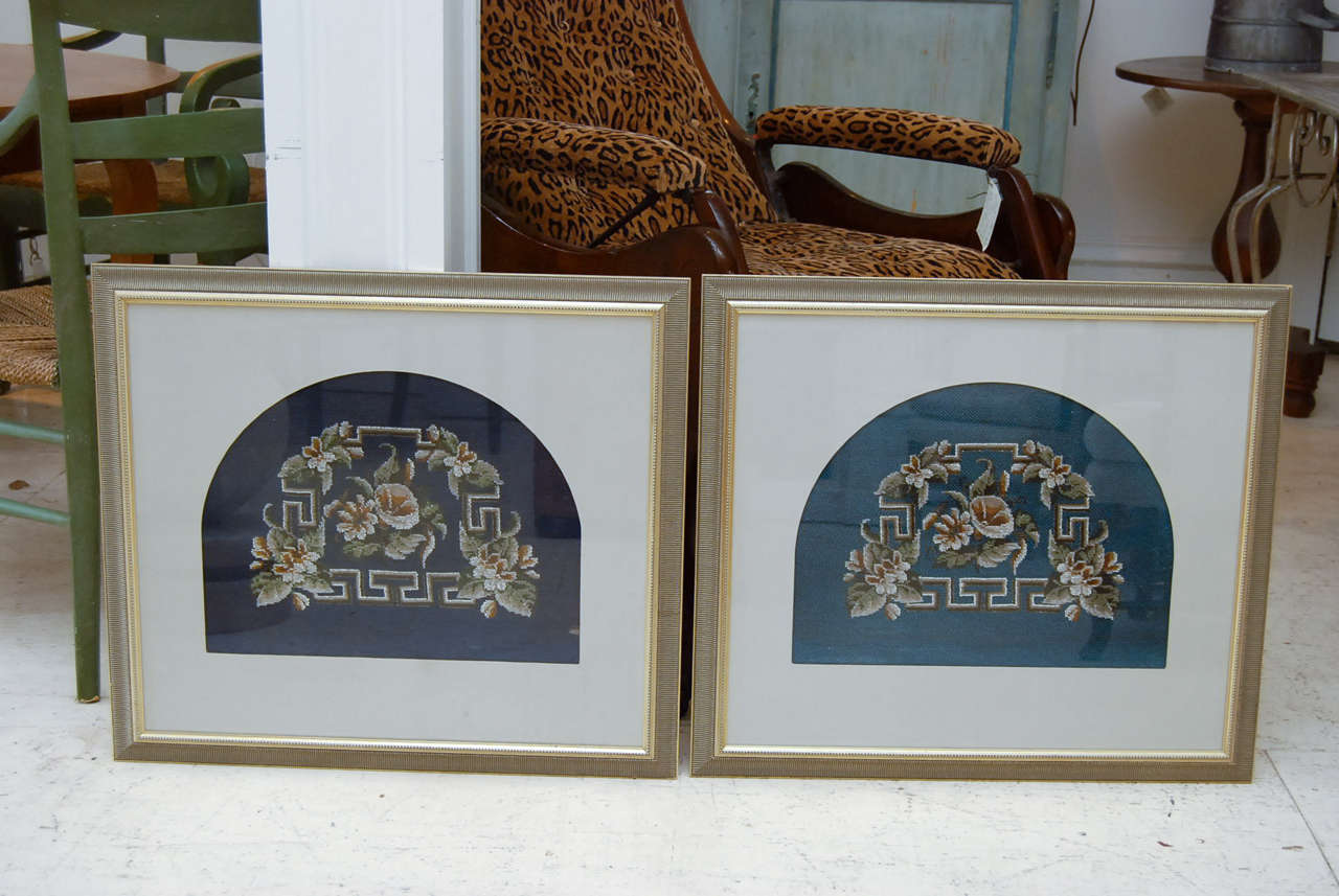 Framed Victorian beadwork textiles in gilded frames. One with dark turquoise ground the other with cobalt blue ground. Flowers and 
geometric decoration. Could have been tea cozy covers. Possibly
Chinese.
    