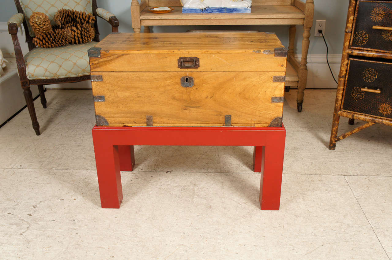Anglo-Indian Teak Trunk on Red Lacquer Stand