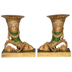 Pair of Elaborate Neoclassical Period "Ryhton' Form Cornucopia Porcelain Vases