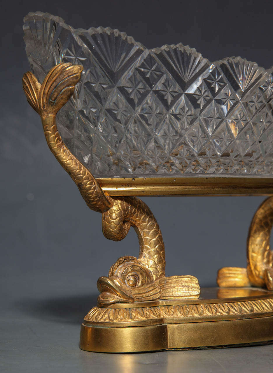 A Rare Pair of Antique Russian Crystal and Dore Bronze dolphin Centerpieces In Excellent Condition For Sale In New York, NY