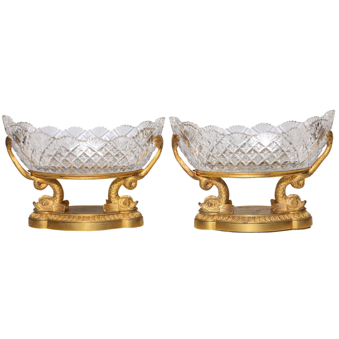 A Rare Pair of Antique Russian Crystal and Dore Bronze dolphin Centerpieces For Sale
