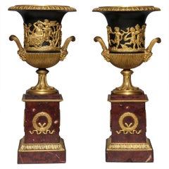 Antique Pair of Neoclassical French Doré Bronze, Patinated Bronze and Rouge Marble Vases