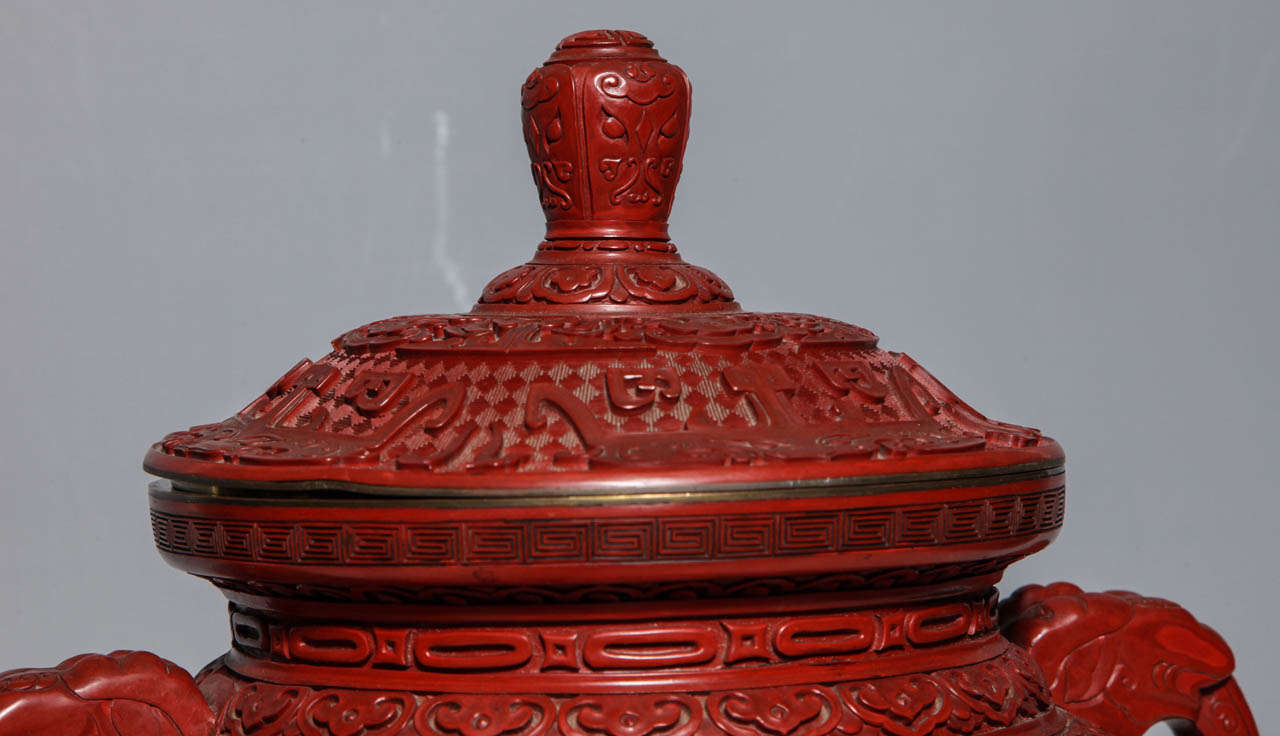 Archaistic A Monumental Chinese Cinnabar Red Lacquer Incense Burner of Archaic Form and Decoration
