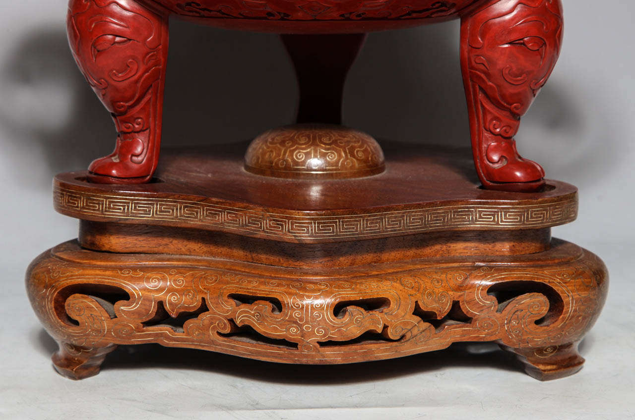 A Monumental Chinese Cinnabar Red Lacquer Incense Burner of Archaic Form and Decoration In Excellent Condition In New York, NY