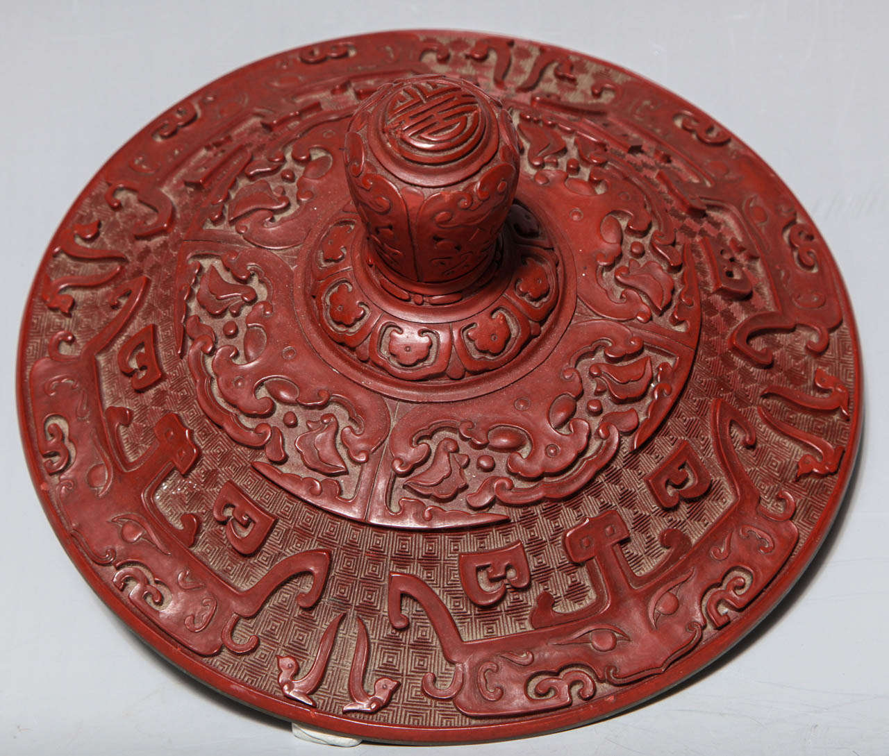 Wood A Monumental Chinese Cinnabar Red Lacquer Incense Burner of Archaic Form and Decoration