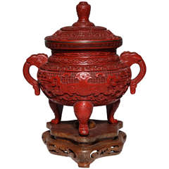 Used A Monumental Chinese Cinnabar Red Lacquer Incense Burner of Archaic Form and Decoration