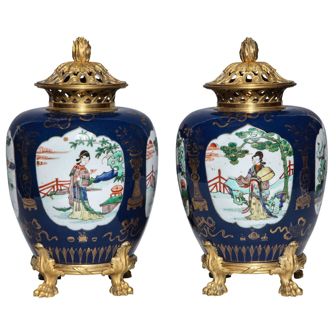Pair Chinese Mazarin Blue Porcelain Ginger Jars/Potpourries w/ French Bronze mou