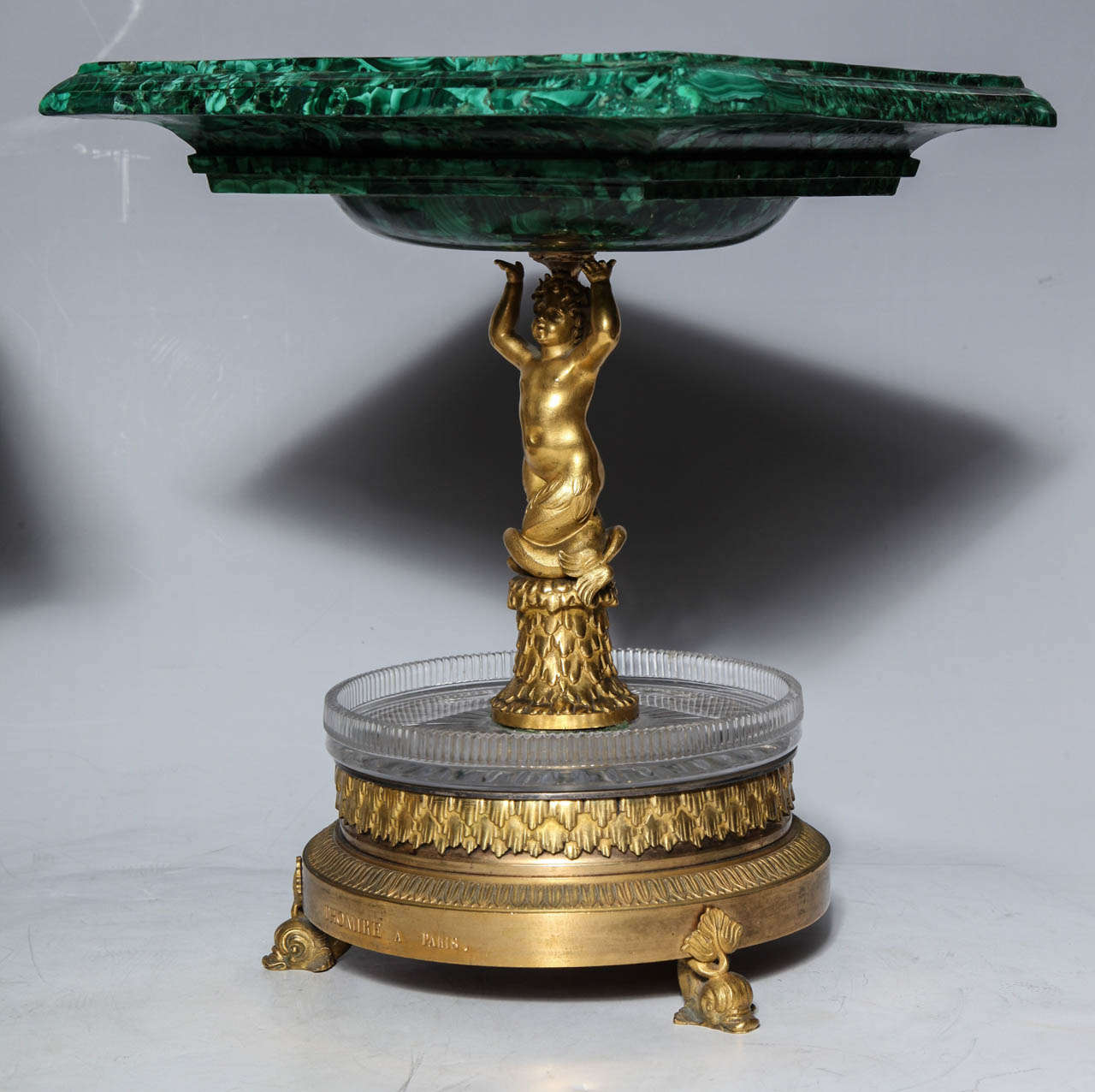 XIX secolo Coppia di centrotavola/tazze in malachite dell'Impero russo e bronzo francese di Thomier in vendita