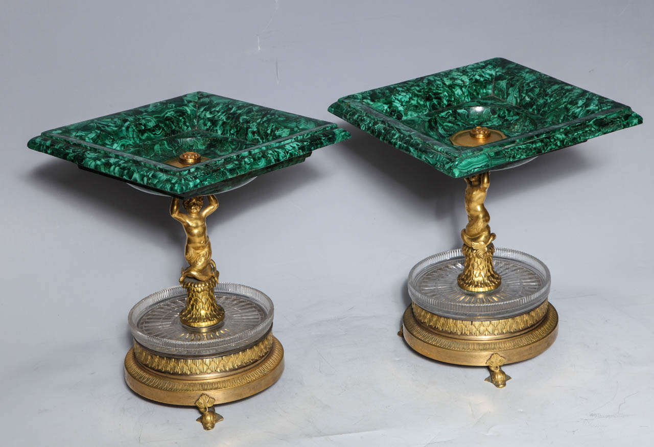 Pair of Russian Empire Malachite, French Bronze Centrepiece/Tazzas by Thomier For Sale 4