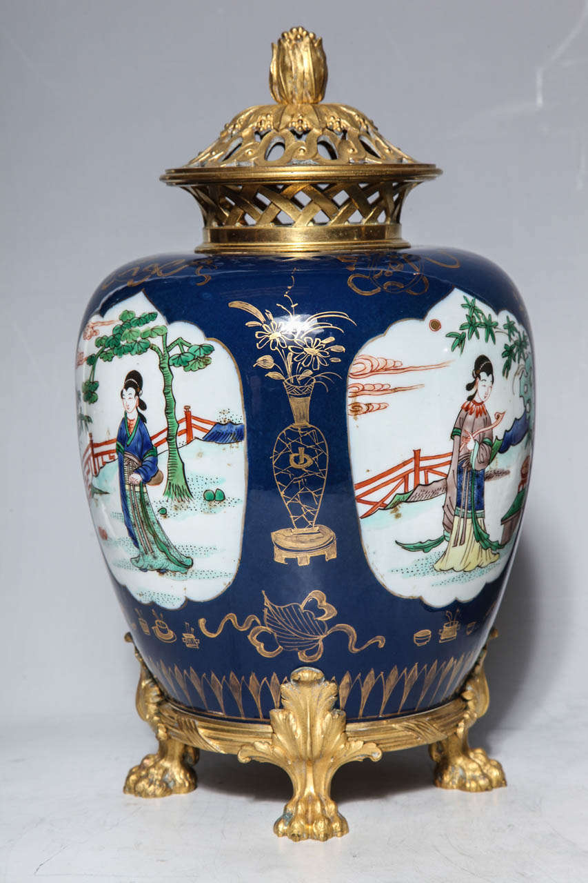 Pair Chinese Mazarin Blue Porcelain Ginger Jars/Potpourries w/ French Bronze mou For Sale at 1stdibs