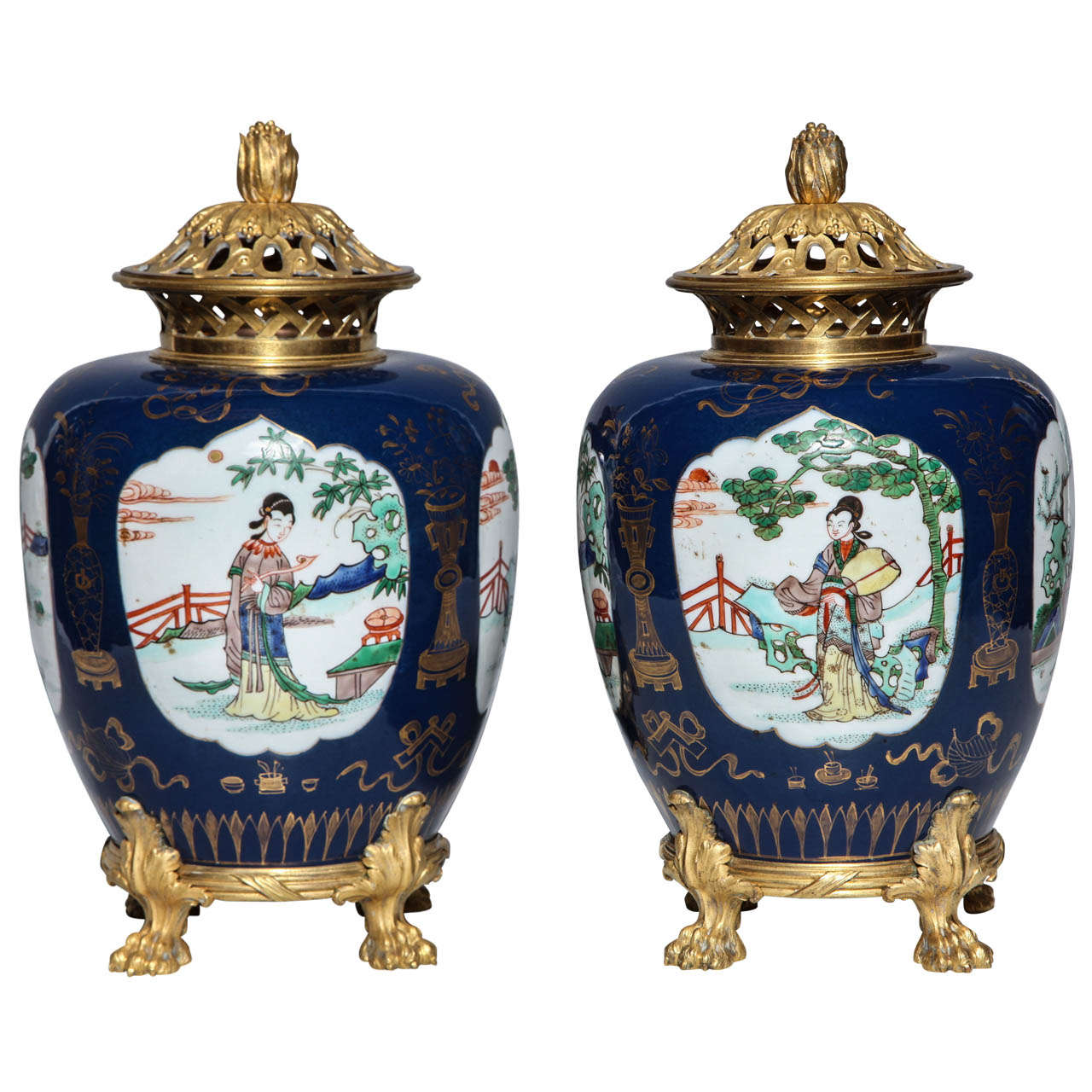 Pair Chinese Mazarin Blue Porcelain Ginger Jars/Potpourries w/ French Bronze mou For Sale at