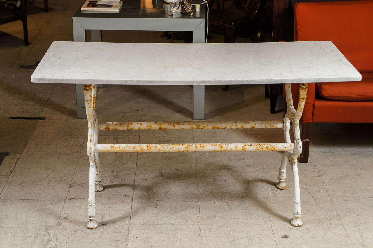 Late 19th-Early 20th Century Cast Iron Painted White Table Base with Grey Veined White Marble Top.