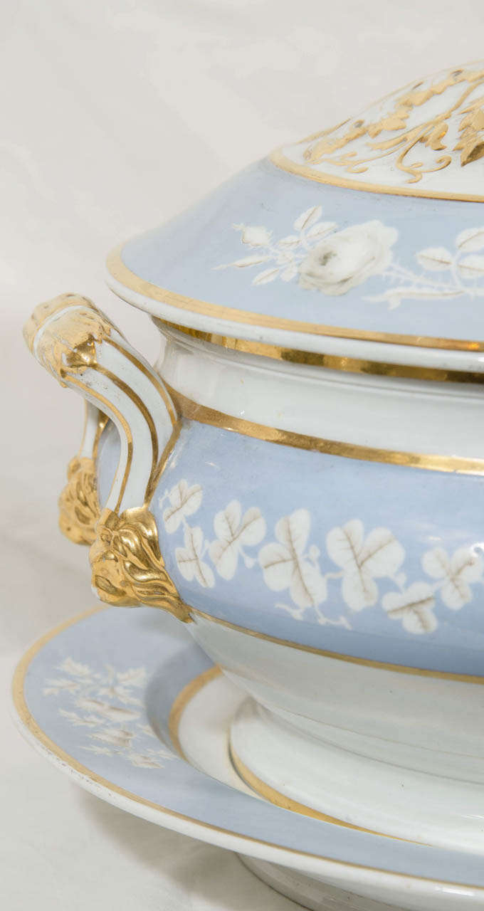English Antique Porcelain Soup Tureen Painted Baby Blue Made by Worcester Porcelain