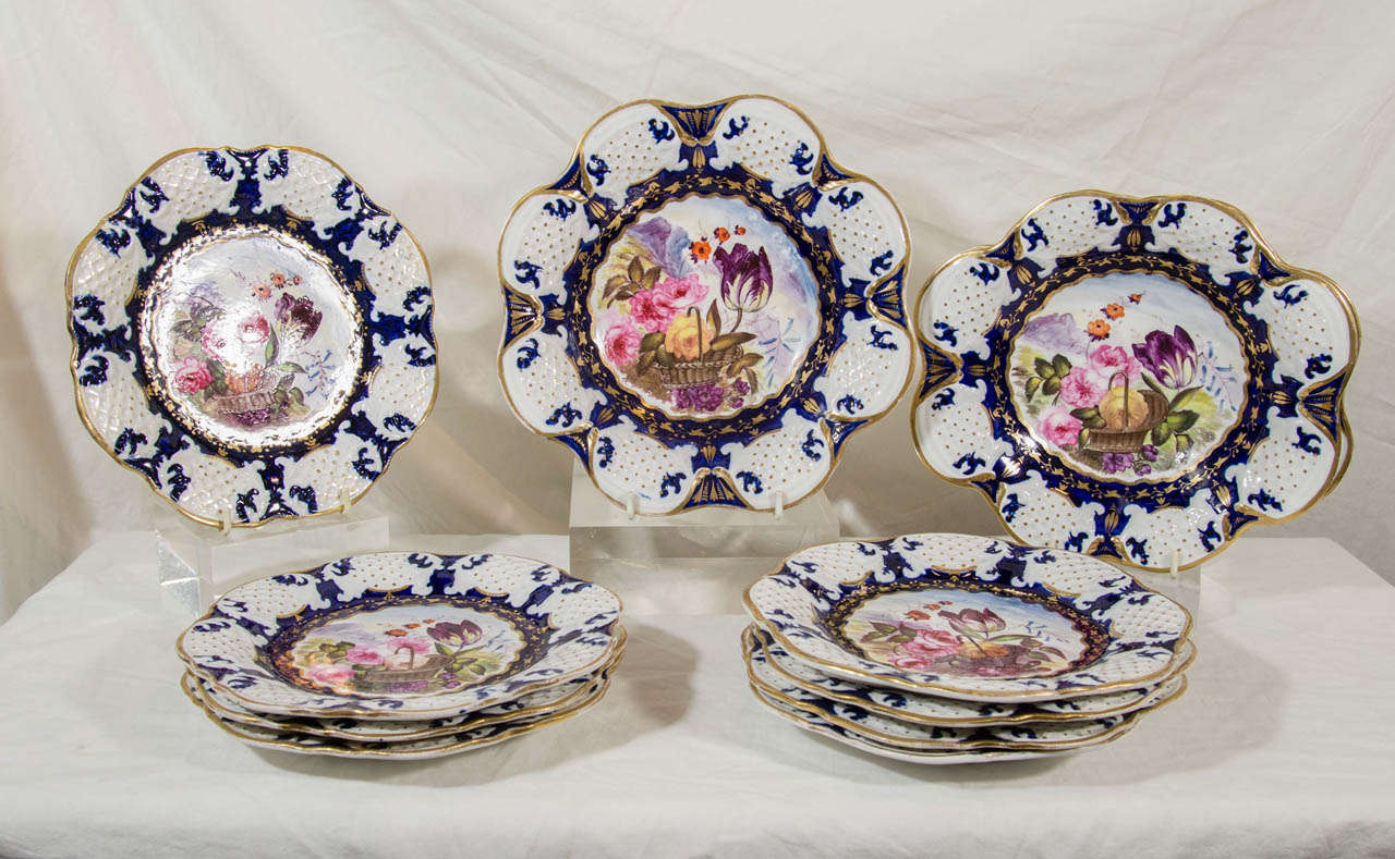 Each dish of this dessert service shows a well painted scene of spring flowers in a basket under a blue sky. Made by Mayer and Newbold circa 1825 in their factory at Lane End, Staffordshire. This service is a good example of early Victorian