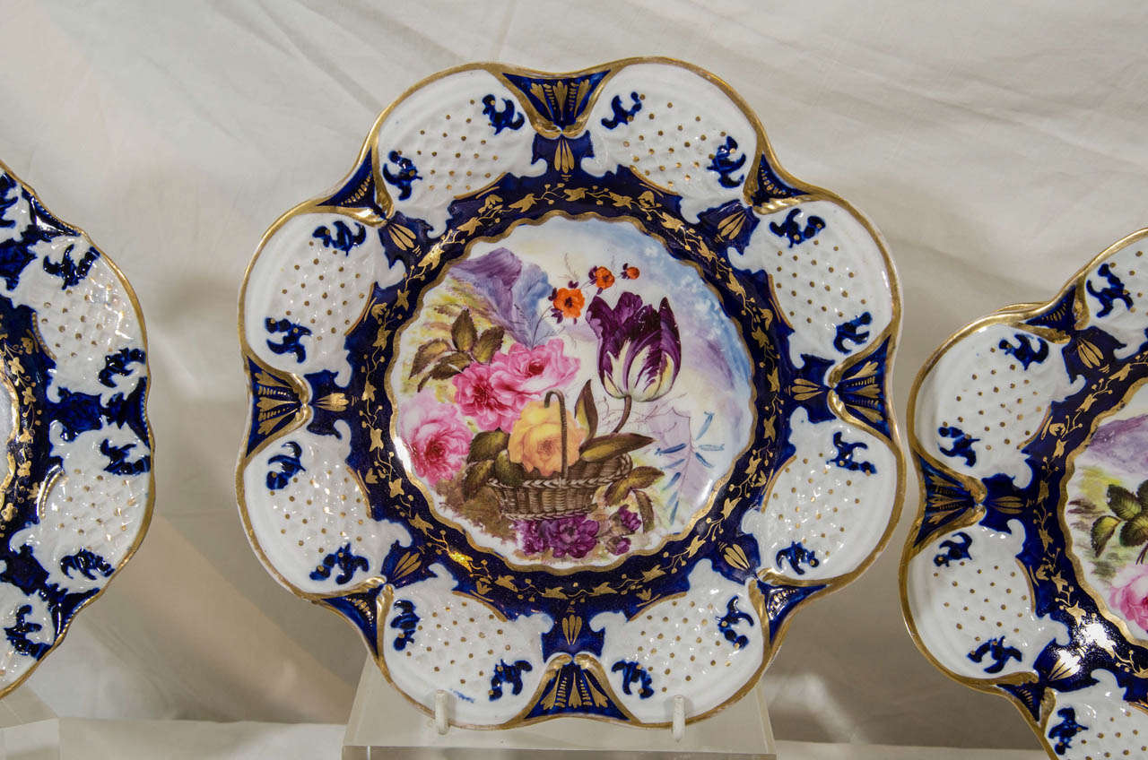 Victorian A Set of Dishes: A Dessert Service with Cobalt Blue and a Basket of Flowers