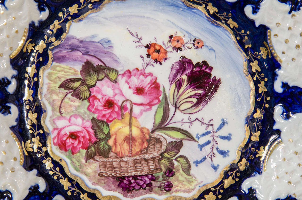 A Set of Dishes: A Dessert Service with Cobalt Blue and a Basket of Flowers In Excellent Condition In Katonah, NY