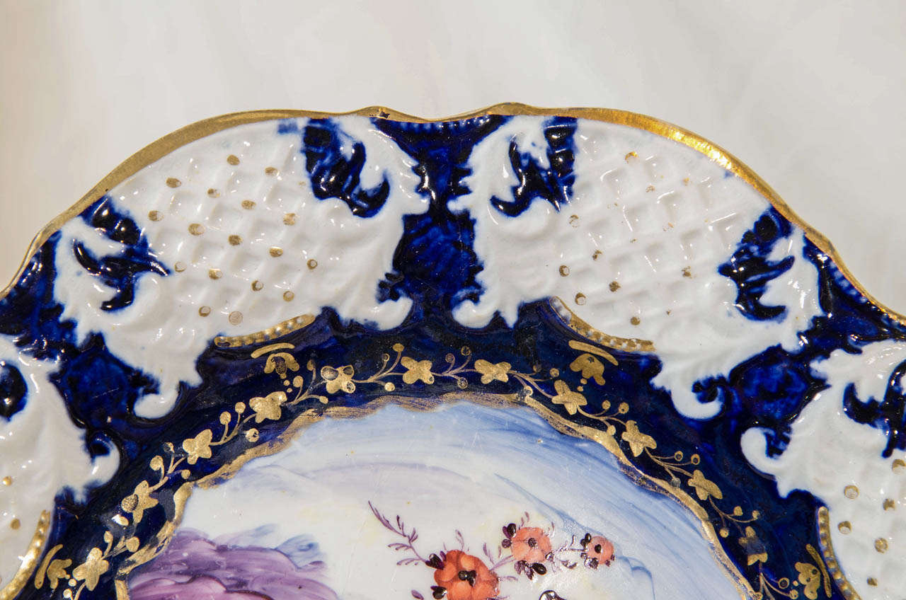 19th Century A Set of Dishes: A Dessert Service with Cobalt Blue and a Basket of Flowers