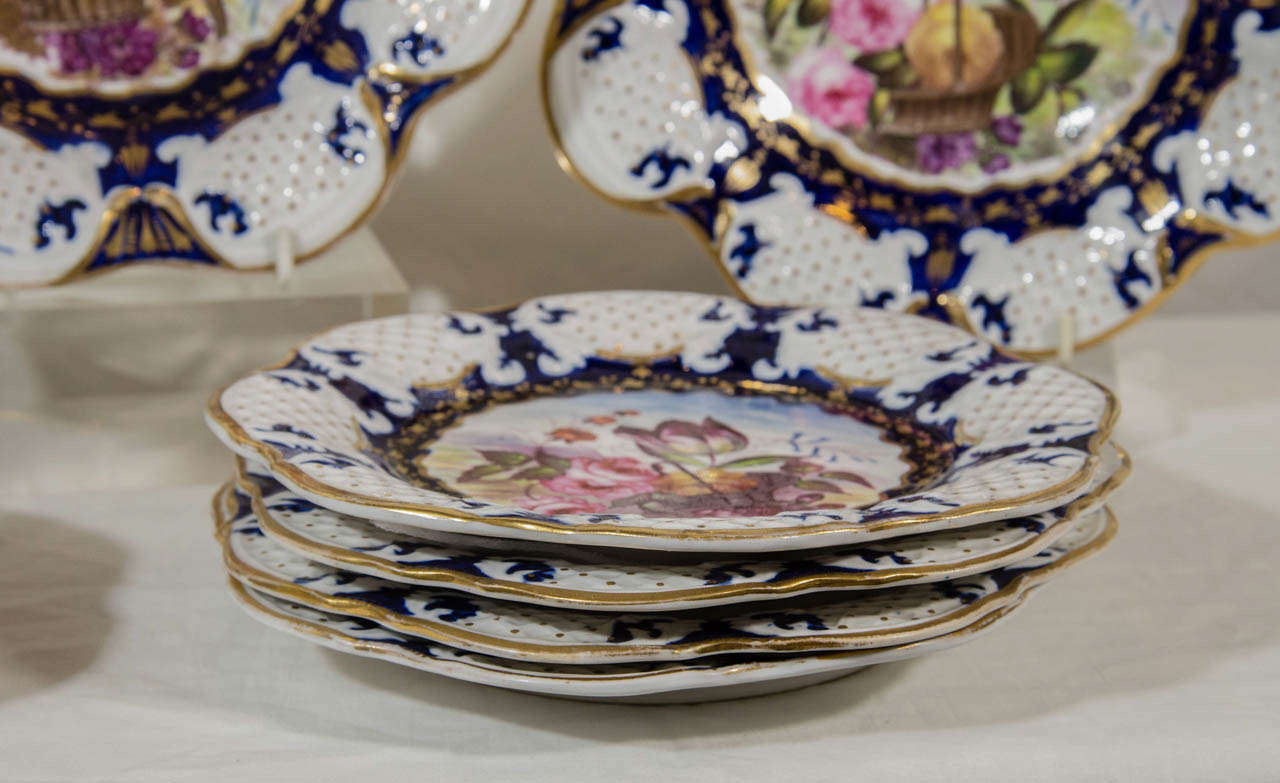 Porcelain A Set of Dishes: A Dessert Service with Cobalt Blue and a Basket of Flowers