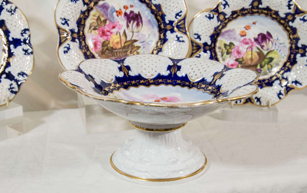 A Set of Dishes: A Dessert Service with Cobalt Blue and a Basket of Flowers 1