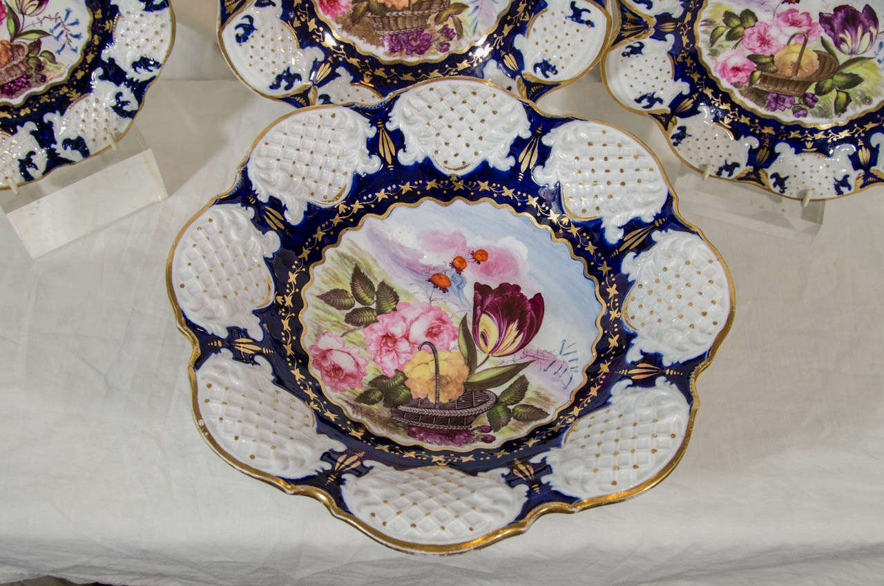 A Set of Dishes: A Dessert Service with Cobalt Blue and a Basket of Flowers 3