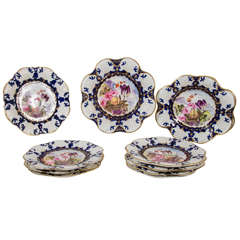 Antique A Set of Dishes: A Dessert Service with Cobalt Blue and a Basket of Flowers