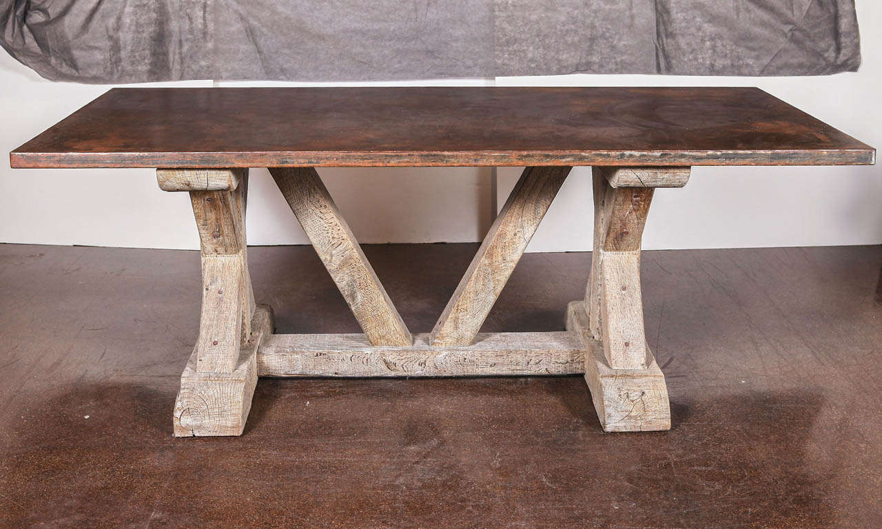 Architectural Dining Table with Aged Oak Bare and Steel Top In Good Condition In Dallas, TX